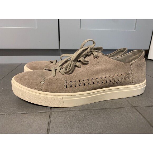 Toms Womens Suede Sneakers  9.5 Cream‎ Lenox Taupe Platform Knit Accent Lace Up - Picture 1 of 6